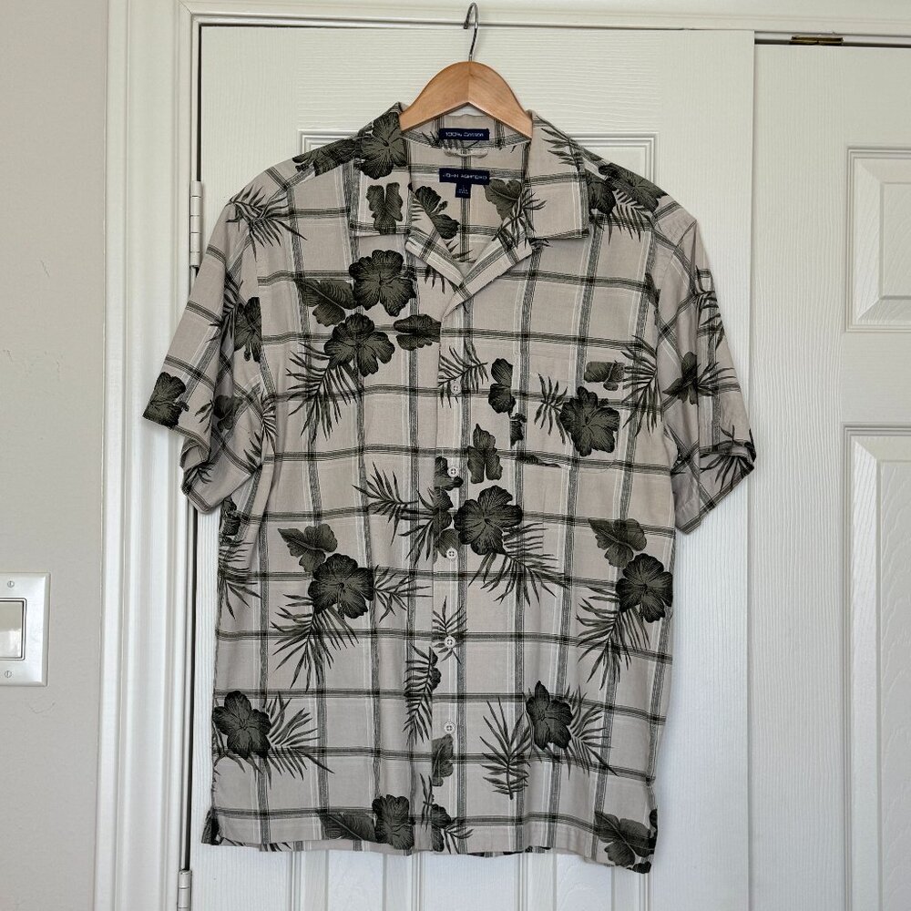 John Ashford 100% Cotton Olive Green Tropical Vintage Camp Shirt; Size Large EUC